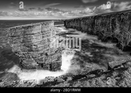 North Gaulton Castle mare stack sulla costa occidentale selvaggia di Mainland, Orkney, Scozia, Regno Unito, Europa Foto Stock