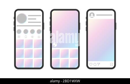 Nuovo Mock up social network. Modello mobile del sito Web. Mock-up mobile in stile piatto. App per interfaccia social network. App vettoriale. Illustrazione Vettoriale