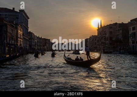 Gondolieri in silhouette governare le gondole sul Canal Grande al tramonto, Venezia, Italia Foto Stock