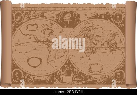 Mappa del vecchio mondo sulla carta a scorrimento vintage. Illustrazione vettoriale piatta. Illustrazione Vettoriale