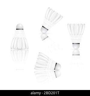 Set di Shuttlecock con riflessione. Badminton - attrezzature sportive. Illustrazione vettoriale isolata su sfondo bianco Illustrazione Vettoriale