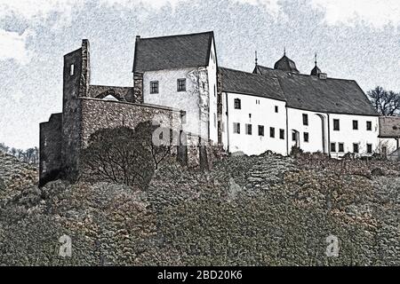 Castello rovina e castello Lauenstein, quartiere della città Altenberg, Ore Montagne orientali, Ore Montagne, Sassonia, Germania, Europa Foto Stock