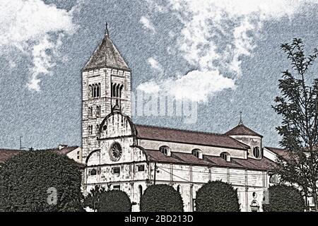 Chiesa e Monastero della Chiesa di Santa Maria. La grande chiesa a tre navate è stata costruita nel 1091 in stile romanico antico, Zadar, Dalmazia, Croazia, Europa Foto Stock