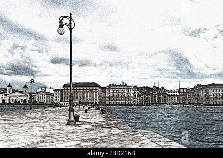 Vista dal Molo Audace quay per la città vecchia di Trieste, Friuli Venezia Giulia, Italia, Europa Foto Stock