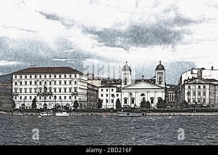 Vista dalla banchina dell'Audace di Molo alla Chiesa Greco Ortodossa di San Nicolo dei Greci, Trieste, Friuli-Venezia Giulia, Italia, Europa Foto Stock