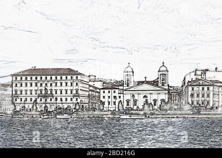 Vista dalla banchina dell'Audace di Molo alla Chiesa Greco Ortodossa di San Nicolo dei Greci, Trieste, Friuli-Venezia Giulia, Italia, Europa Foto Stock