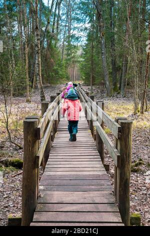 Bambini che giocano nella natura su un sentiero in legno nel parco nazionale storico Trakai, riserva zoologica botanica, sentiero cognitivo, lungo sentiero tortuoso Foto Stock