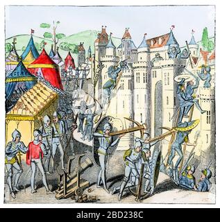 Esercito che storming una fortezza in Francia, guerra dei cent'anni. Taglio di legno colorato a mano Foto Stock
