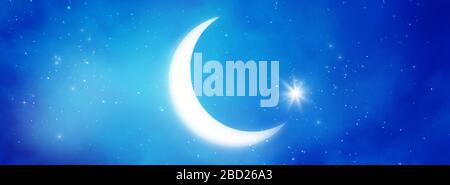 Biglietti d'auguri islamici per le festività musulmane. Ramadan Kareem sfondo. Banner blu con luna. Foto Stock