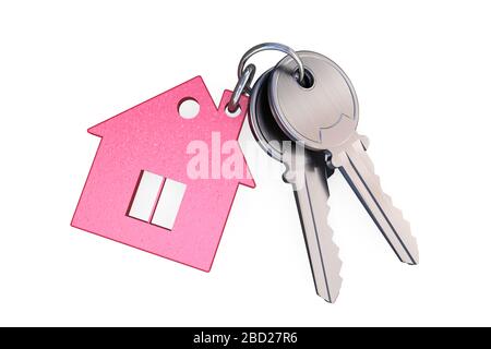 Illustrazione 3D: Portachiavi in vetro trasparente rosa a forma di casa con tubo e finestra collegata da un anello con due chiavi in metallo. Foto Stock
