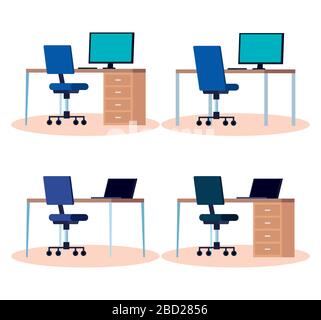 set di posti di lavoro con scrivanie e sedie Illustrazione Vettoriale