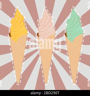 tre coni di gelato su uno sfondo isolato a righe. Immagine vettoriale Illustrazione Vettoriale