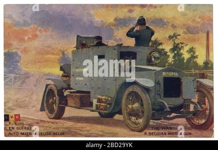 Cartolina storica francese: minerva belga Auto armata in ricognizione, Regno del Belgio, guerra mondiale uno 1914-1918. Foto Stock