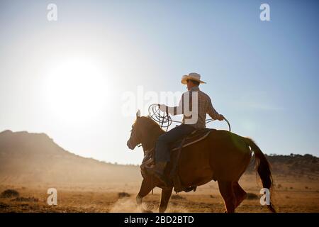 Il Rancher tenendo un lasso mentre in sella ad un cavallo. Foto Stock