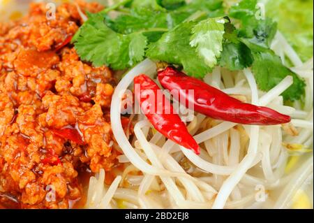 Vista macro a gustose carni e tagliatelle. Cibo cinese con salsa piccante Foto Stock
