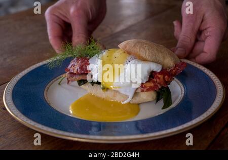 Uova Benedetto con aragosta locale e barbabietola da mare, cucinate dallo chef Piers Lewin sull'isola scillonica di St Agnes Foto Stock