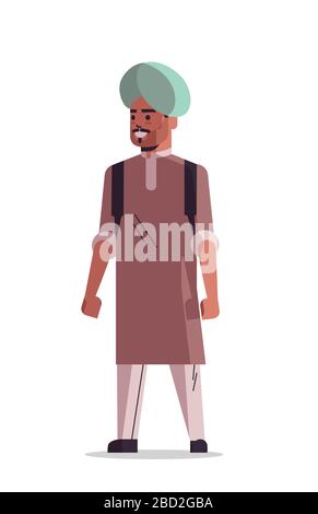 uomo indiano che indossa il turban sorridente maschio cartone animato carattere in piedi posa a tutta lunghezza isolato verticale illustrazione vettoriale Illustrazione Vettoriale