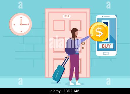 Vettore di una donna che viaggia con valigia che apre la porta della stanza effettuando il pagamento online tramite l'app per smartphone Illustrazione Vettoriale