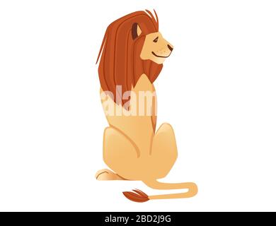Orgoglioso potente leone carino seduto a terra carattere stile cartone animato animale disegno piatto vettore illustrazione isolato su sfondo bianco Illustrazione Vettoriale