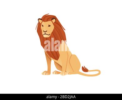 Orgoglioso potente leone carino seduto a terra carattere stile cartone animato animale disegno piatto vettore illustrazione isolato su sfondo bianco Illustrazione Vettoriale