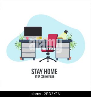 Concetto di coronavirus. Rimanere a casa durante l'epidemia di coronavirus. Lavorare a casa durante l'isolamento. Illustrazione Vettoriale
