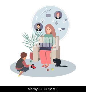Donna d'affari in abiti domestici che lavorano da casa usando il computer portatile e suo figlio piccolo che gioca sul pavimento. Concetto di quarantena di Covid o coronavirus Illustrazione Vettoriale