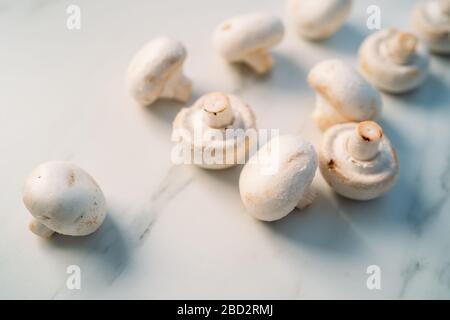 Set di funghi di champignon freschi interi e tagliati isolati su fondo di pietra bianca. Vista dall'alto Foto Stock