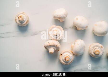 Set di funghi di champignon freschi interi e tagliati isolati su fondo di pietra bianca. Vista dall'alto Foto Stock