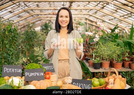 Ritratto di giovane giardiniere asiatico sorridente che raccomanda di mangiare mele mentre vende il prodotto biologico al mercato degli agricoltori Foto Stock