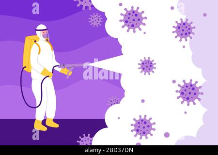 Concetto di disinfezione dei virus, uomo in tuta hamzat pulizia e disinfezione delle cellule di coronavirus COVID-19. Illustrazione del concetto di prevenzione. Illustrazione Vettoriale