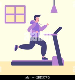Uomini in corsa tapis roulant in palestra a casa in auto quarantena, protezione dal virus. Fitness a casa o PALESTRA durante la quarantena del coronavirus. Illustrazione Vettoriale