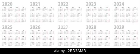 Calendario in disegno di base per 2020, 2021, 2022, 2023, 2024, 2025, 2026, 2027, 2028, 2029 anni. Collezione Vector Calendar per dieci anni in inglese la Illustrazione Vettoriale