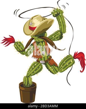 Logo sceriffo cowboy Cactus, disegno a mano, illustrazione vettoriale Illustrazione Vettoriale