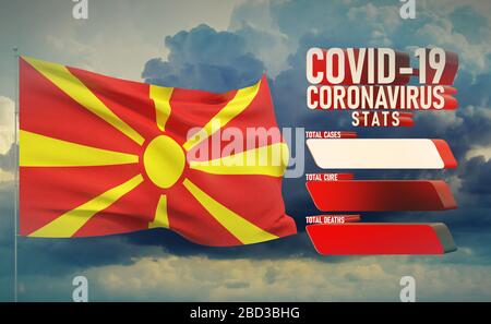 COVID-19 Coronavirus 2019-nCov Statistics Update - tabella lettera tipografia copy space concetto con bandiera della Macedonia del Nord. Illustrazione 3D. Foto Stock