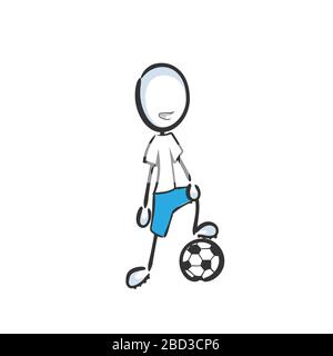 Giocatore di calcio. Gioco di squadra di calcio. Attività sportiva. Disegnato a mano. Cartoon Stickman. Schizzo di Doodle, illustrazione grafica vettoriale Illustrazione Vettoriale