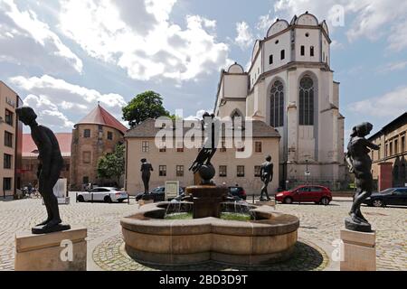 Cattedrale di Halle (Dom zu Halle) e Brühmann fontaine (Brühmann-Brunnen) a Halle, Saale, Sassonia-Anhalt, Germania Foto Stock