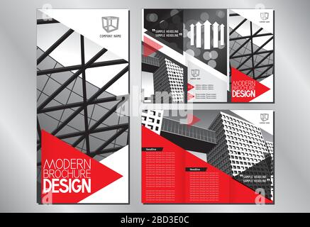 Brochure/modello volantino a tre dimensioni (formato A4-DL - 3 x 99x210 mm) - edifici/architettura/sfondo disfocalizzato - grafici rossi Illustrazione Vettoriale