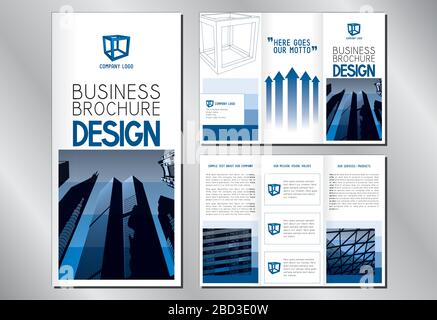 Modello di brochure a tre dimensioni (formato A4-DL) - edifici per uffici/grattacieli moderni. Illustrazione Vettoriale