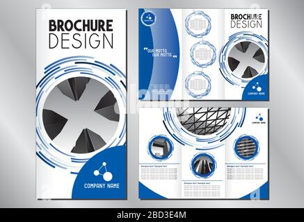 Modello di brochure business triplice (formato A4 a 3xDL - 297x210mm) - edifici/grattacieli moderni per uffici, grafica blu Illustrazione Vettoriale