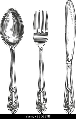 Posate set forchetta, cucchiaio, coltello, cucina, tavolo impostazione disegnata a mano illustrazione vettoriale realistico schizzo Illustrazione Vettoriale