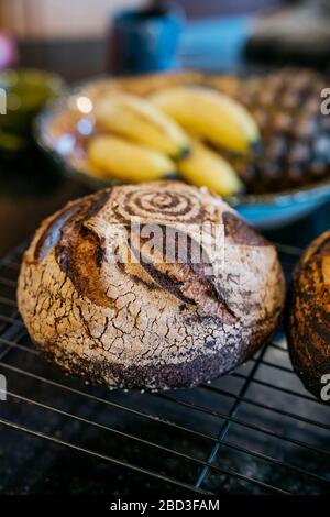 Pane di pasta sourstad fatto in casa raffreddamento su rack in cucina Foto Stock