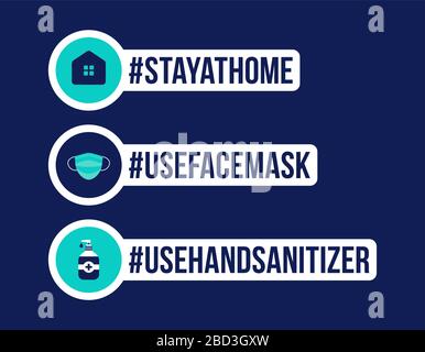 Prevenzione dell'illustrazione vettoriale dell'adesivo COVID-19 All in One Icon. Badge di protezione per coronavirus con set di icone a cerchio piatto. Rimani a casa, usa Face mas Illustrazione Vettoriale