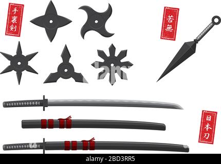 Set di illustrazione di armi giapponesi ninja/samurai. Shuriken, Kunai, spada giapponese (Katana). Illustrazione Vettoriale