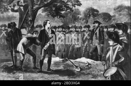 Memories of the Union - esecuzione di Nathan Hale sul sito di East Broadway, angolo di Market Street, New York, 21 settembre 1776 Foto Stock