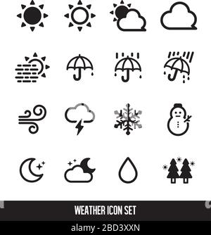 Icona del meteo per impostare l'illustrazione vettoriale (sole, pioggia, nuvoloso, neve, nebbia, ecc.) Illustrazione Vettoriale