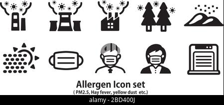 Set di icone allergene (coronavirus, covid-19, pm2,5, febbre da fieno, polvere gialla ecc.) Illustrazione Vettoriale