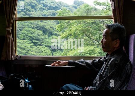 Uomo anziano seduto al finestrino viaggiando in treno. Foto Stock