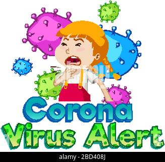 Font design per l'allarme coronavirus con l'illustrazione della ragazza malata Illustrazione Vettoriale