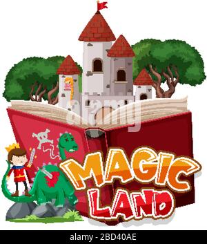 Font design per la parola magica terra con drago e principe illustrazione Illustrazione Vettoriale
