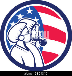 Illustrazione di un operatore sanitario americano, un medico o un infermiere che indossa una maschera chirurgica come eroi visti dal lato con stelle USA e strisce bandiera set i Illustrazione Vettoriale